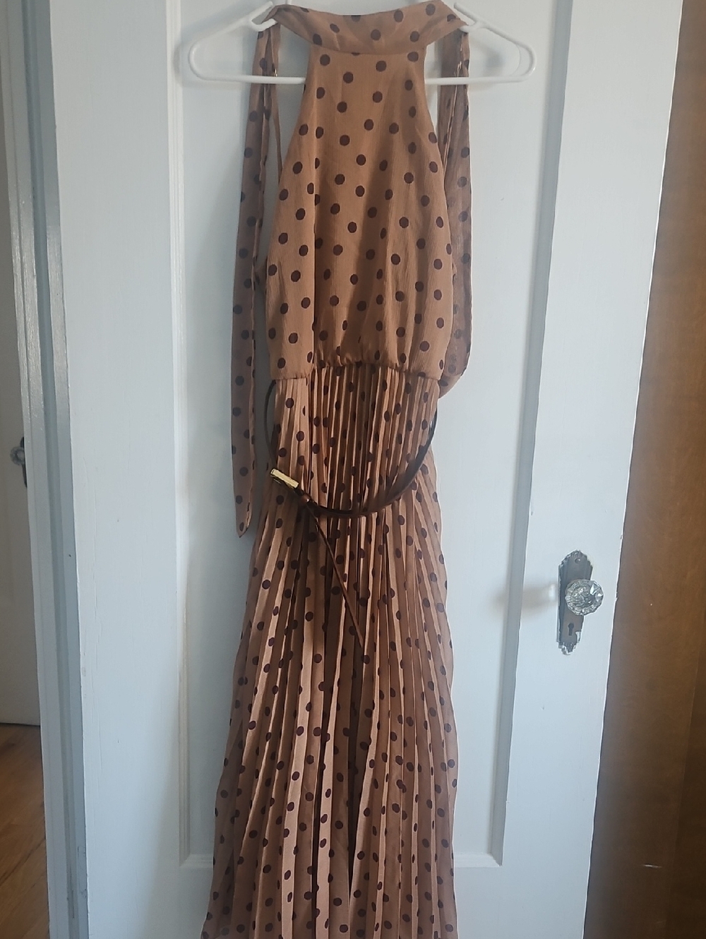 Zara Tan Maxi Dress with Brown Polka Dots